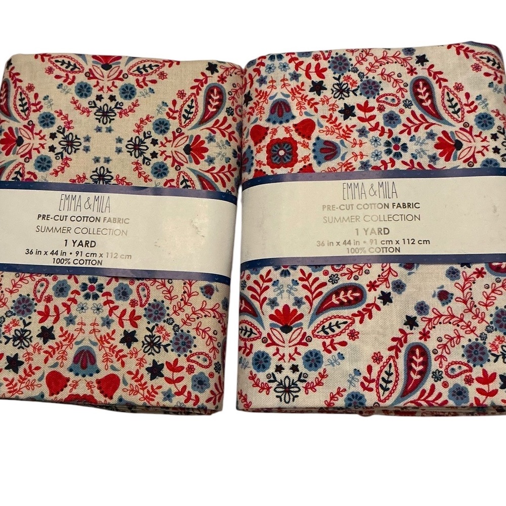 Emma & Mila Summer Collection Pre-Cut Cotton Fabric 2 Yards Paisley Red Blue